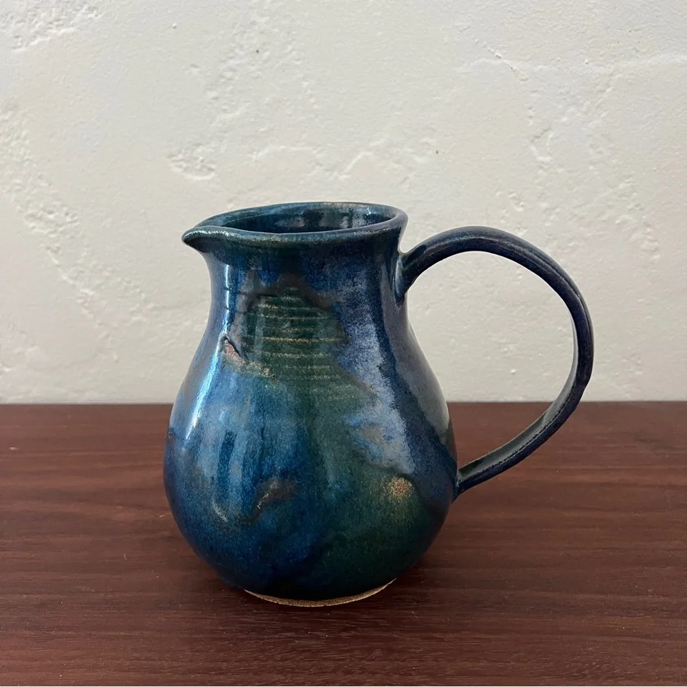 Mid century signed Wabi sabi studio pottery blue green stoneware pitcher vase